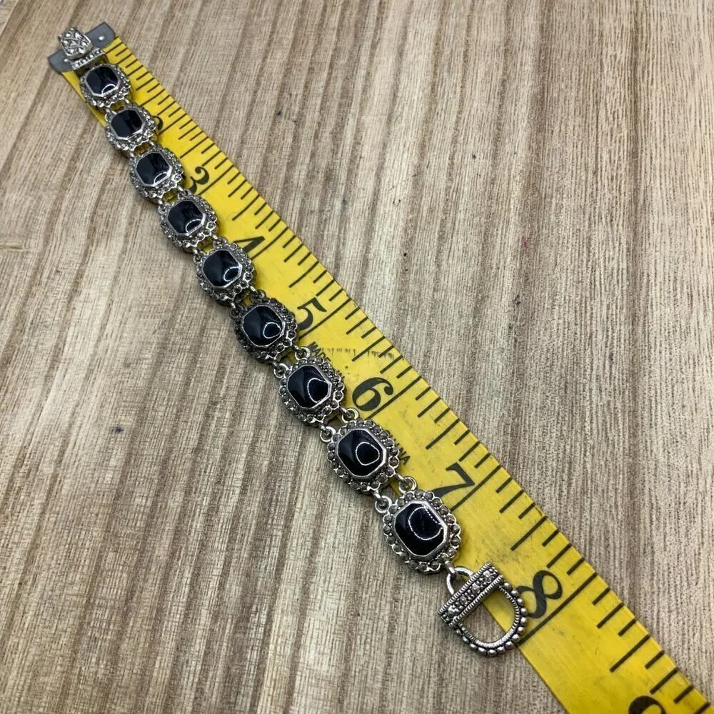 Black Faux Onyx Glass Antique Style Silver Tone Border Bracelet